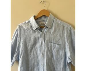 Light Blue Porter & Ash 100% Linen Short-sleeve Button-up Shirt Men's Large